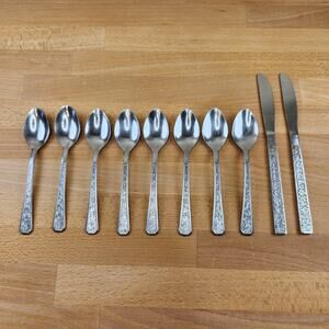 Vintage Retro Embossed Floral Flatware- 10 Pieces- Japan
